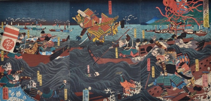 Woodcut of the Battle of Dan-no-Ura. Source: www.toshidama-japanese-prints.com