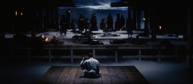 Hoichi playing for his mysterious audience in a scene from the 1964 movie Kwaidan. Image source: uponobservingthis.wordpress.com
